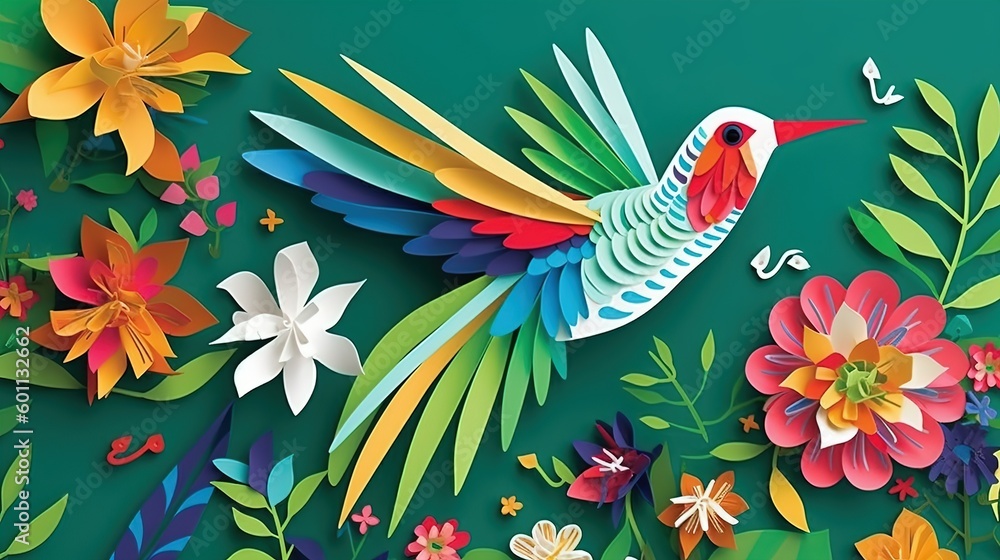 A hummingbird hovering over a flower with its wings spread wide. paper - cut art, paper illustrations .generative ai A hummingbird hovering over a flower with its wings spread wide. paper - cut art, paper illustrations .generative ai