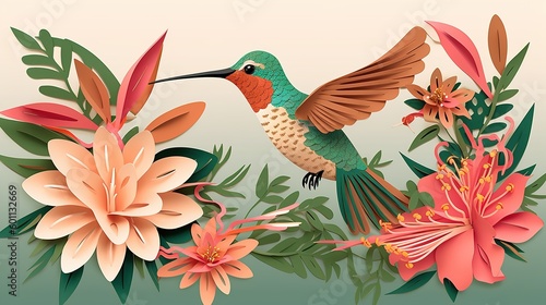 A hummingbird hovering over a flower with its wings spread wide. paper - cut art, paper illustrations .generative ai