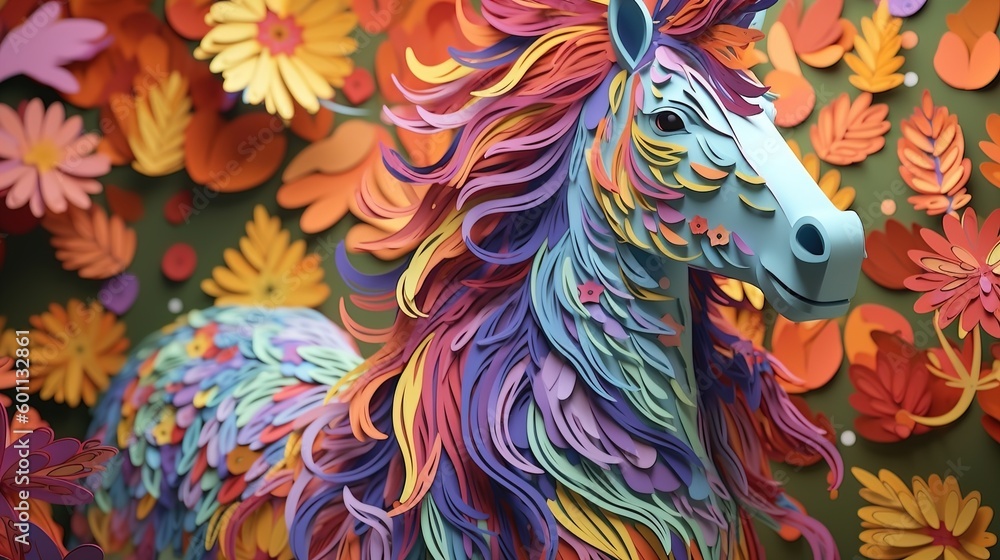 A unicorn with a rainbow-colored mane and tail standing in a field of flowers. paper - cut art, paper illustrations .generative ai