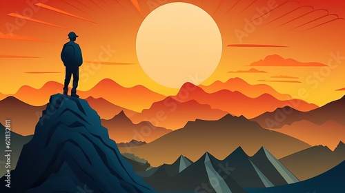 A silhouette of a person standing on a mountain top with a sunset in the background.paper - cut art  paper illustrations .generative ai