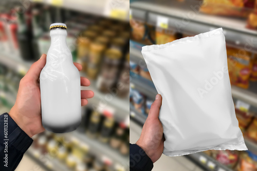 Beer bottle and Chips in Hand mockup different bottle shapes and beer labels. Suitable for presenting new beer labels design. 