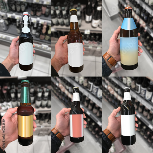 Beer bottles in Hand mockup different bottle shapes and beer labels. Suitable for presenting new beer labels design photo