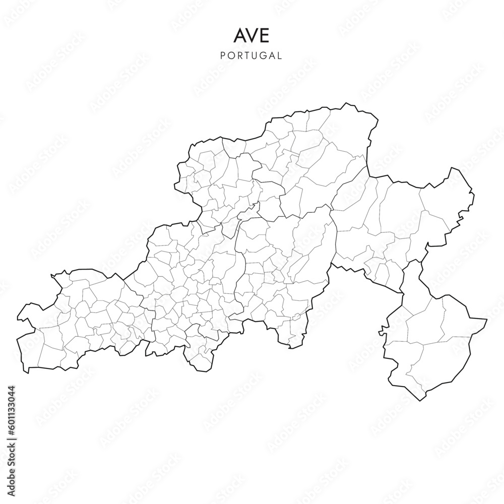 Vector Map of Ave Subregion (Comunidade Intermunicipal) with administrative borders of District, Municipalities (Concelhos) and Civil Parishes (Freguesias) as of 2023 - Portugal