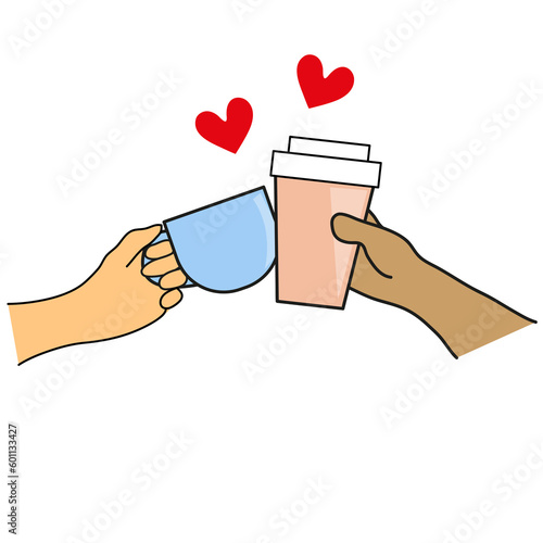 Bild auf Leinwand Manos sosteniendo taza y vaso con cafe, chocando entre si con corazones