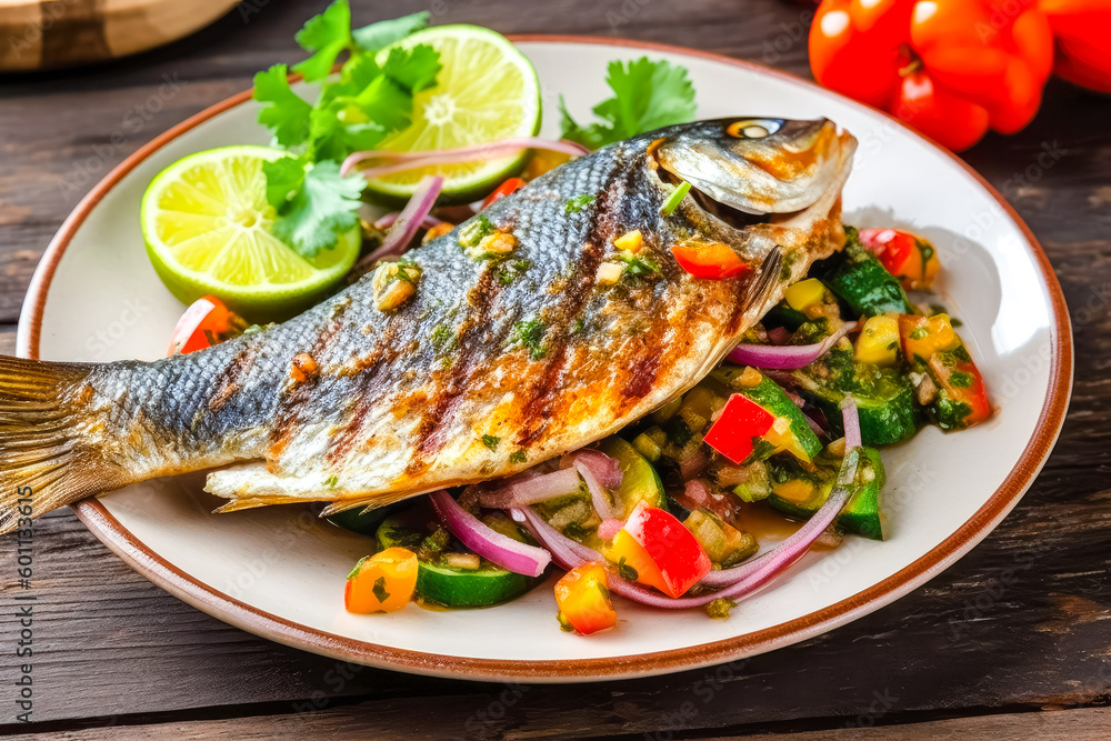 Tasty grilled dorada fish with vegetables and sauce on wooden background. Ai generated