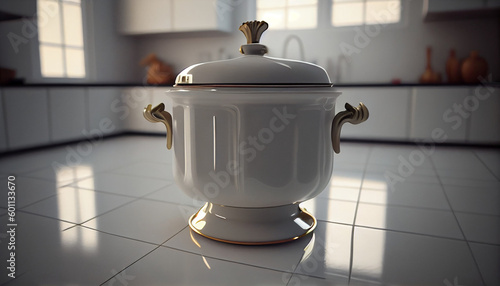 White shiny cooking pot on a kitchen table Ai generated image