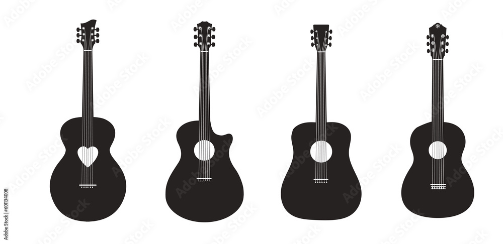 Fototapeta premium A set of classic acoustic guitars. Vector black guitars on white background. Black guitars with white strings. For music applications or music stores. 