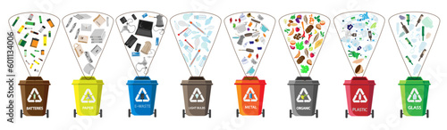 Waste segregation. Sorting garbage by material and type in colored trash cans. Separating and recycling garbage vector infographic. Sustainability environment .	