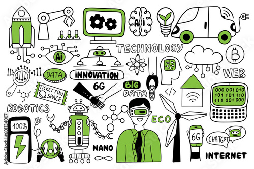 Hand-drawn technology and innovation icons isolated on a white background. Collection consists of robot, electric car, windmills, binary code, rockets, computer and etc