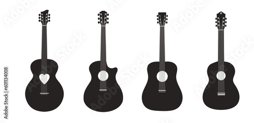 A set of classic acoustic guitars. Vector black guitars on white background. Black guitars with white strings. For music applications or music stores. 