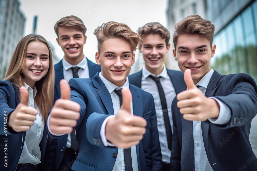 A good looking group of teenagers dressed in a elegant suits showing thumbs up - ai generative A good looking group of teenagers dressed in a elegant suits showing thumbs up - ai generative