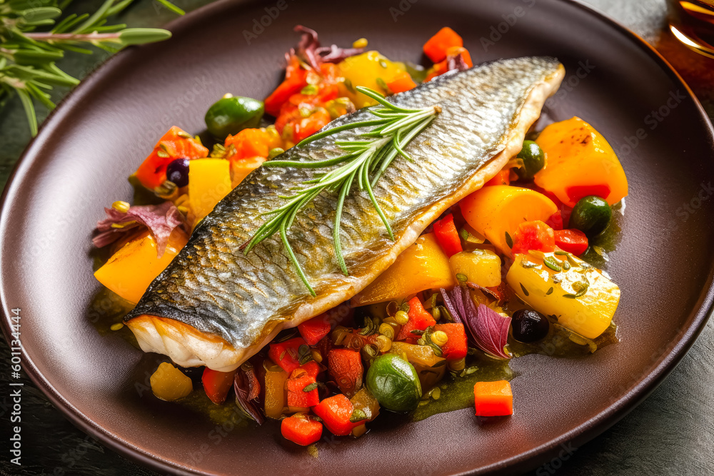 Tasty grilled dorada fish with vegetables and sauce on wooden background. Ai generated Tasty grilled dorada fish with vegetables and sauce on wooden background. Ai generated