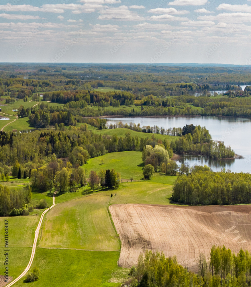 Spring landscape by Lake Siver and lake  Ārdava Latvia, in the countryside of Latgale.