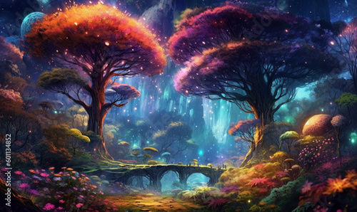 Fantasy-Märchenwald mit Mondlicht. generative KI © Meadow