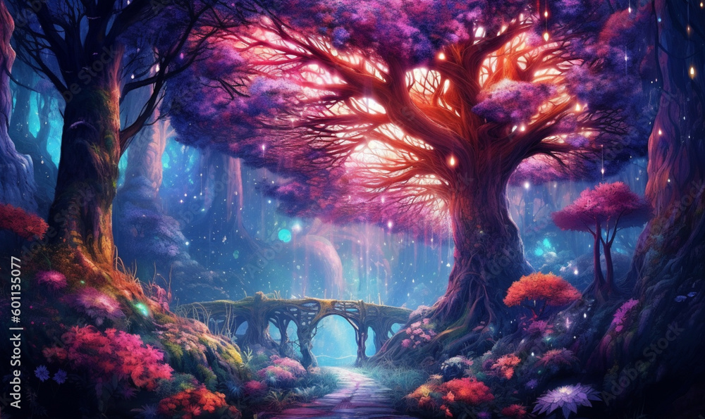Fantasy-Märchenwald mit Mondlicht. generative KI