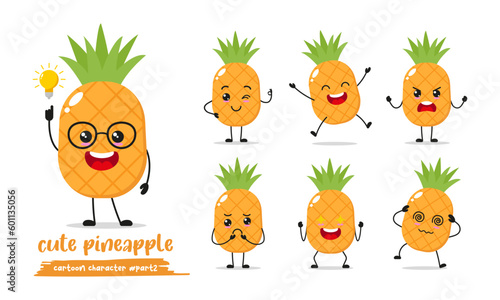 pineapple cartoon with many expressions. different fruit activity vector illustration flat design. smart pineapple for children story book.
