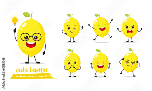yellow lemon cartoon with many expressions. different fruit activity vector illustration flat design. smart lemon for children story book.