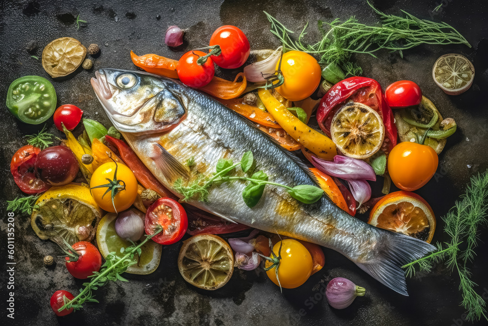Tasty grilled dorada fish with vegetables and sauce on wooden background. Ai generated Tasty grilled dorada fish with vegetables and sauce on wooden background. Ai generated