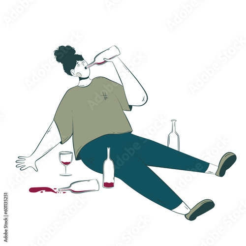 Conceptual illustration of the consequences of alcoholism with a depressed character with alcohol addiction drinking on the floor among empty bottles.