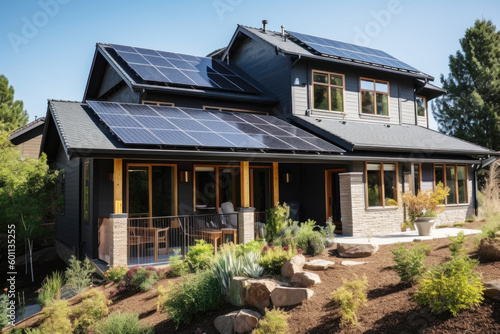 Residential house with solar panels on the roof. Sustainable and clean energy.