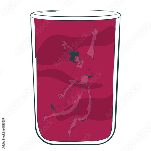 Conceptual illustration of the consequences of alcoholism with a depressed character with alcohol addiction drowning in a glass of alcohol.