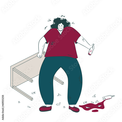 Conceptual illustration of the consequences of alcoholism with an aggressive female character ready to attack among broken bottles and an overturned table.