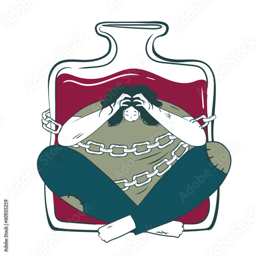 woman on a drunken spree. Conceptual illustration of the consequences of alcoholism with a depressive character tied with chains to a bottle of alcohol. Unhealthy Lifestyle