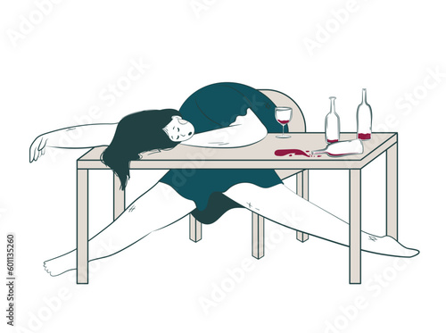 Conceptual illustration of the consequences of alcoholism with an unconscious depressive character on a table among empty bottles.