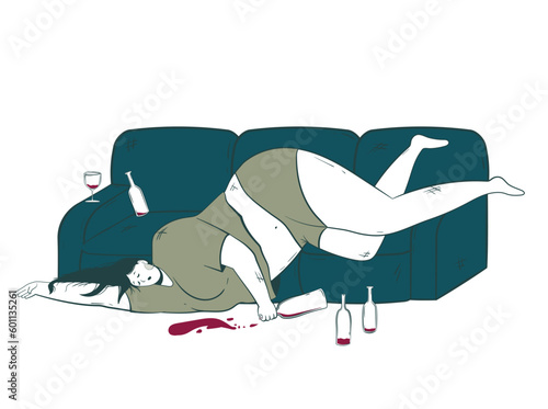 Conceptual illustration of the consequences of alcoholism with an unconscious depressive character on a sofa among empty bottles.