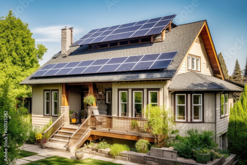 Residential house with solar panels on the roof. Sustainable and clean energy.