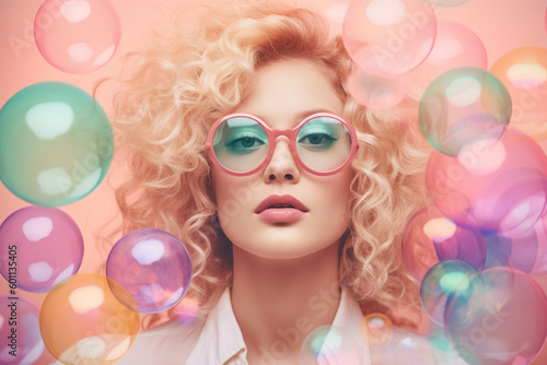 A curly hair woman s portrait surrounded with soap bubbles. Pastel colours and bubbles create a playful  vibrant  retro atmosphere. Generative AI