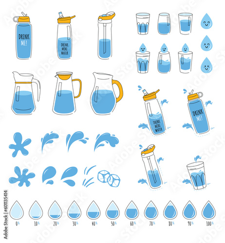 Concept drink more water, drinking water in a thermos and plastic mug, glass bottle. Vector set of various bottles, glass, flask in hand drawn style, correct daily habits, morning rituals. Zero waste
