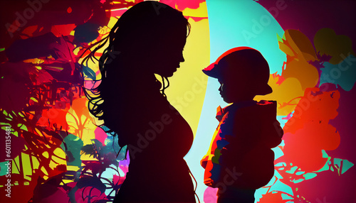 Women and her child silhouette on vibrant colourful background. Single mother. Womens Day. Mothers Day Concept. Happy Mother. Ai generated image