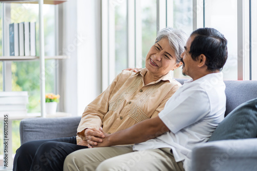 Asian couple, elderly man and woman sitting on the sofa having fun chatting together at home. Concept: health insurance, life insurance, retirement happiness.