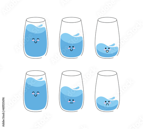 Vector motivation card with the inscription drink more water. Funny glass of water. Use for card, poster, banner, web design and print on t-shirt. Easy to edit. Vector illustration.