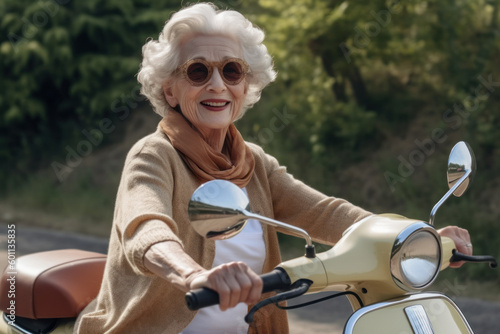 Senior woman happily riding a scooter.. Composite with different elements made with generative AI