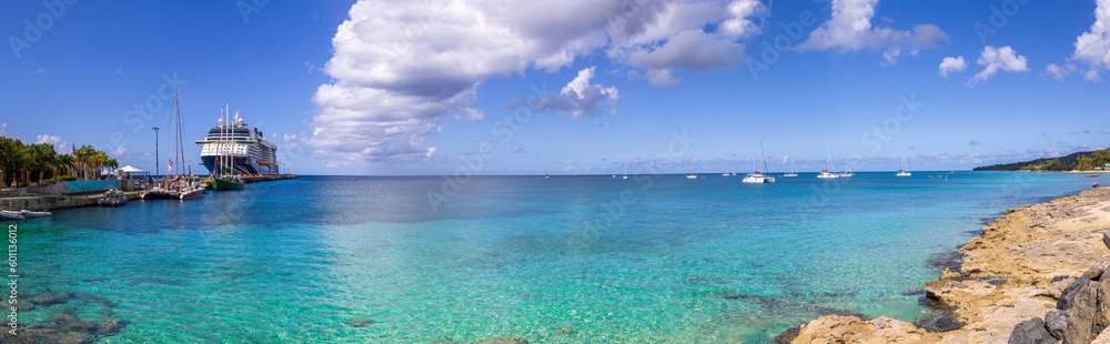 Cruise ship Caribbean vacation. Saint Croix Frederiksted US Virgin Islands panoramic shoreline.
