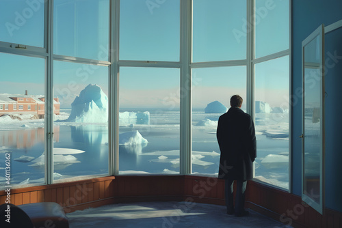 Explorer looking at Icebergs from window,, Generative AI