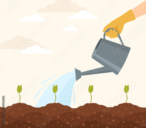 A hand in a yellow rubber glove watering seedlings from a watering can. Flat vector illustration