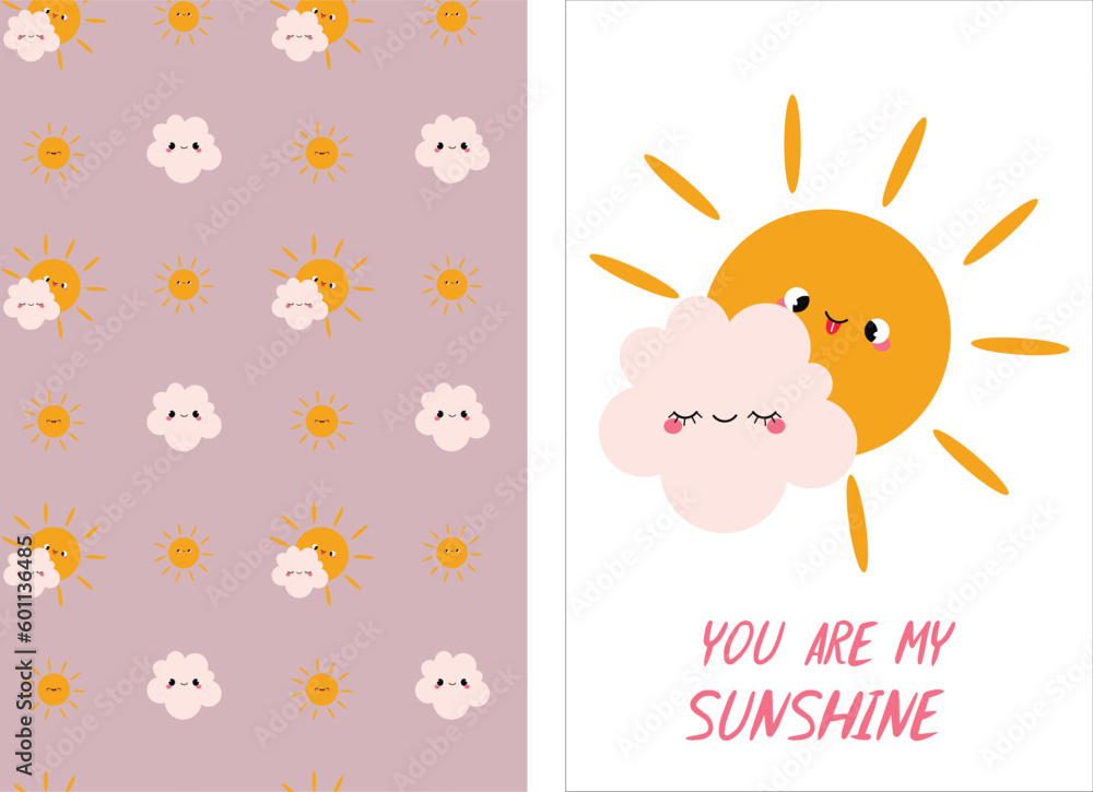 Set of cute pastel inspirational Cartoon Poster and Pattern with the Sun and Cloud .Sweet Baby, colored vector illustration.