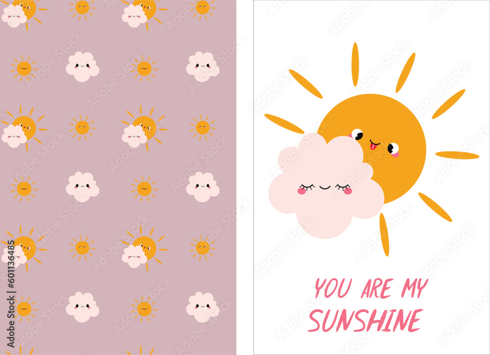 Fototapeta premium Set of cute pastel inspirational Cartoon Poster and Pattern with the Sun and Cloud .Sweet Baby, colored vector illustration.