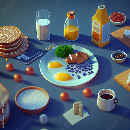 isometric Breakfast food and drinks background. Breakfast and kitchen equipment Cooking icons set. good morning concept, AI Generative, illustration