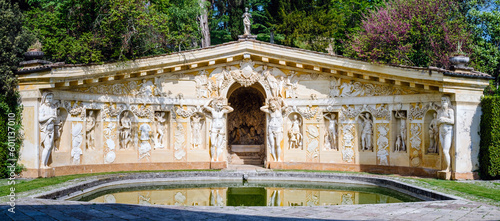 Maser Treviso, Italy - May 6, 2023: The nymphaeum with the fishpond of villa Barbaro
