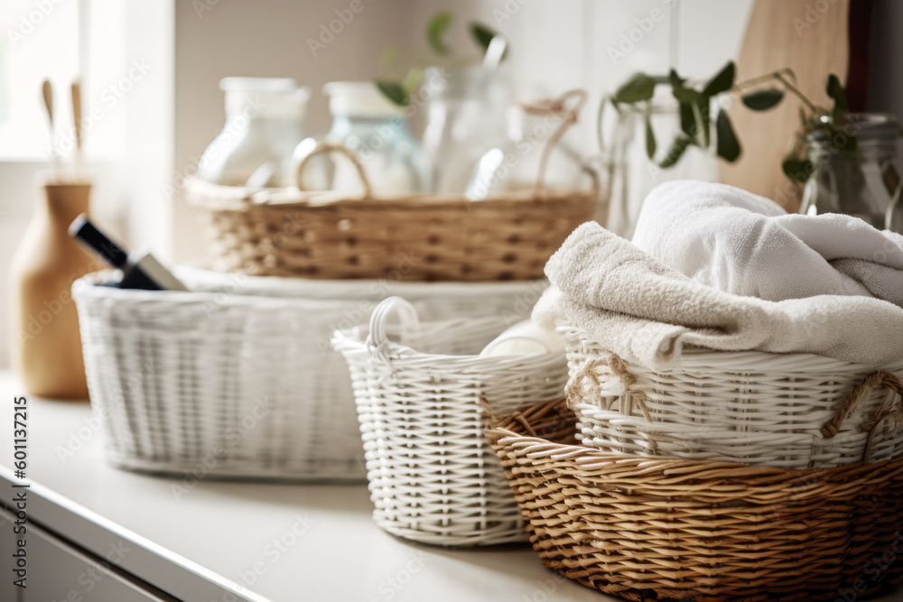 Fototapeta premium Wicker baskets with clean white towels on white counter top table with beautiful morning sunlight