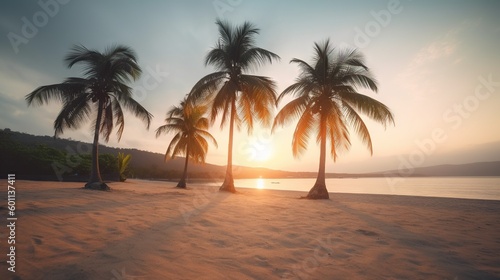  three palm trees on a beach with the sun setting in the background.  generative ai