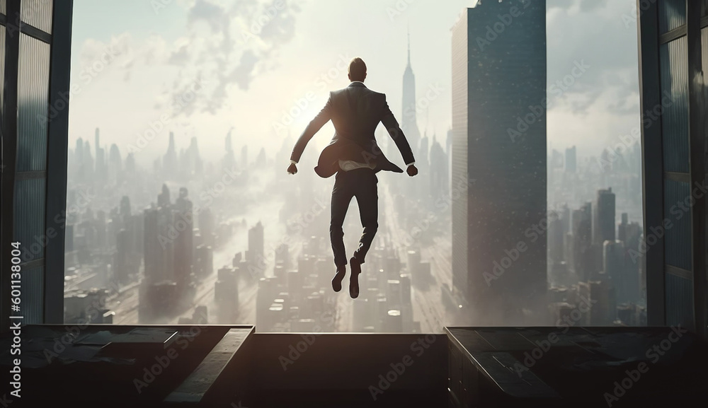 Rear view of businessman joy at success on the roof of a high-rise building in the midst of a big cityscape. businessman successful concept. AI Generative, illustration Rear view of businessman joy at success on the roof of a high-rise building in the midst of a big cityscape. businessman successful concept. AI Generative, illustration
