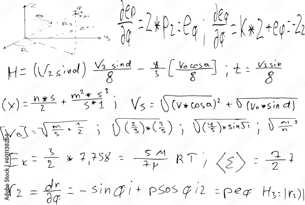 Mathematical scientific formulas and expressions. Educational, school and university background. Hand-drawn vector on white. Mathematical scientific formulas and expressions. Educational, school and university background. Hand-drawn vector on white.