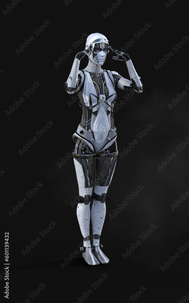 3D rendering of a female android robot posing on black background with clipping path.