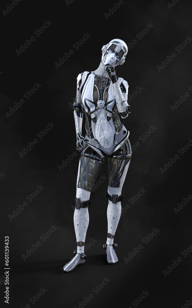 3D rendering of a female android robot posing on black background with clipping path. 3D rendering of a female android robot posing on black background with clipping path.