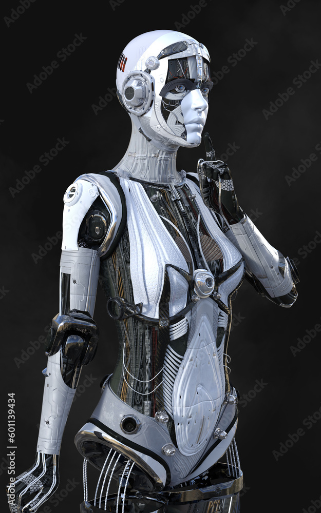 Naklejka premium 3D rendering of a female android robot posing on black background with clipping path.